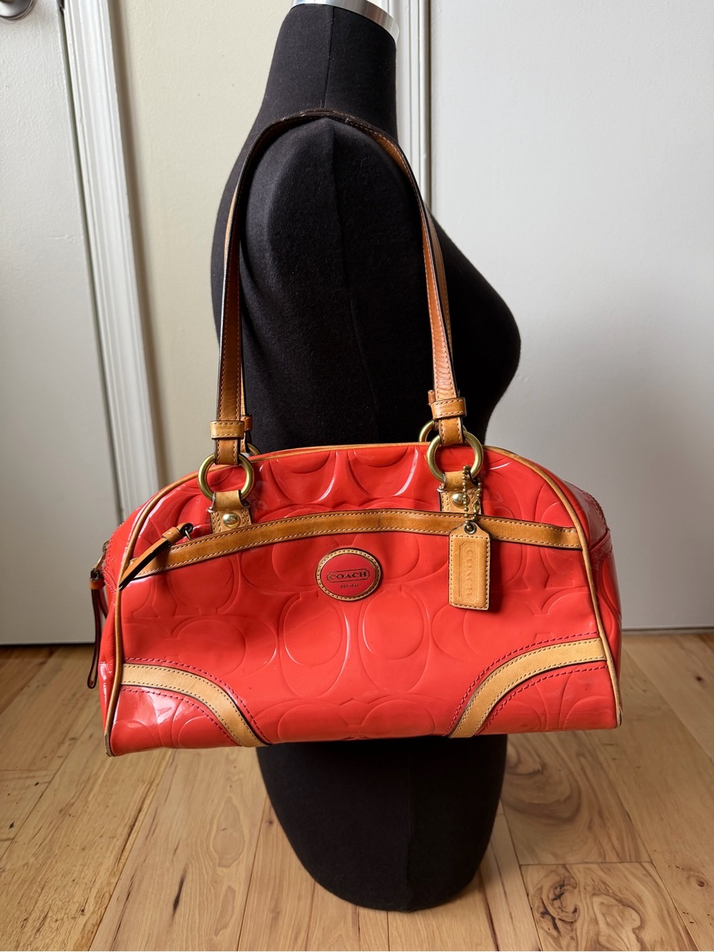 Coach Coral Patent Leather Shoulder Satchel with Tan Trim